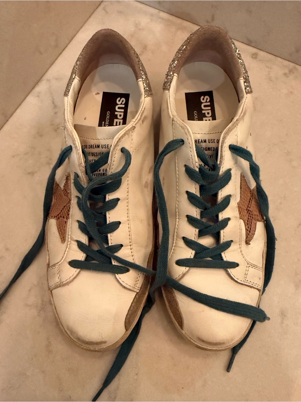 Golden Goose White Leather Sneakers with Teal Laces and Brown Star